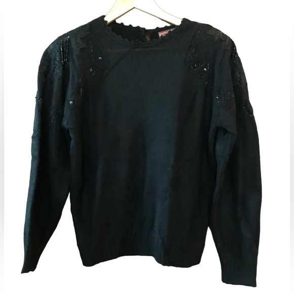 Vintage Embroidered Beaded Black Sweater Medium - Picture 1 of 6